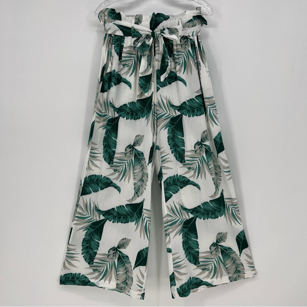 LARA Fashion Pants Womens White & Green Wide Leg Elastic Waist Sash Belt Pockets